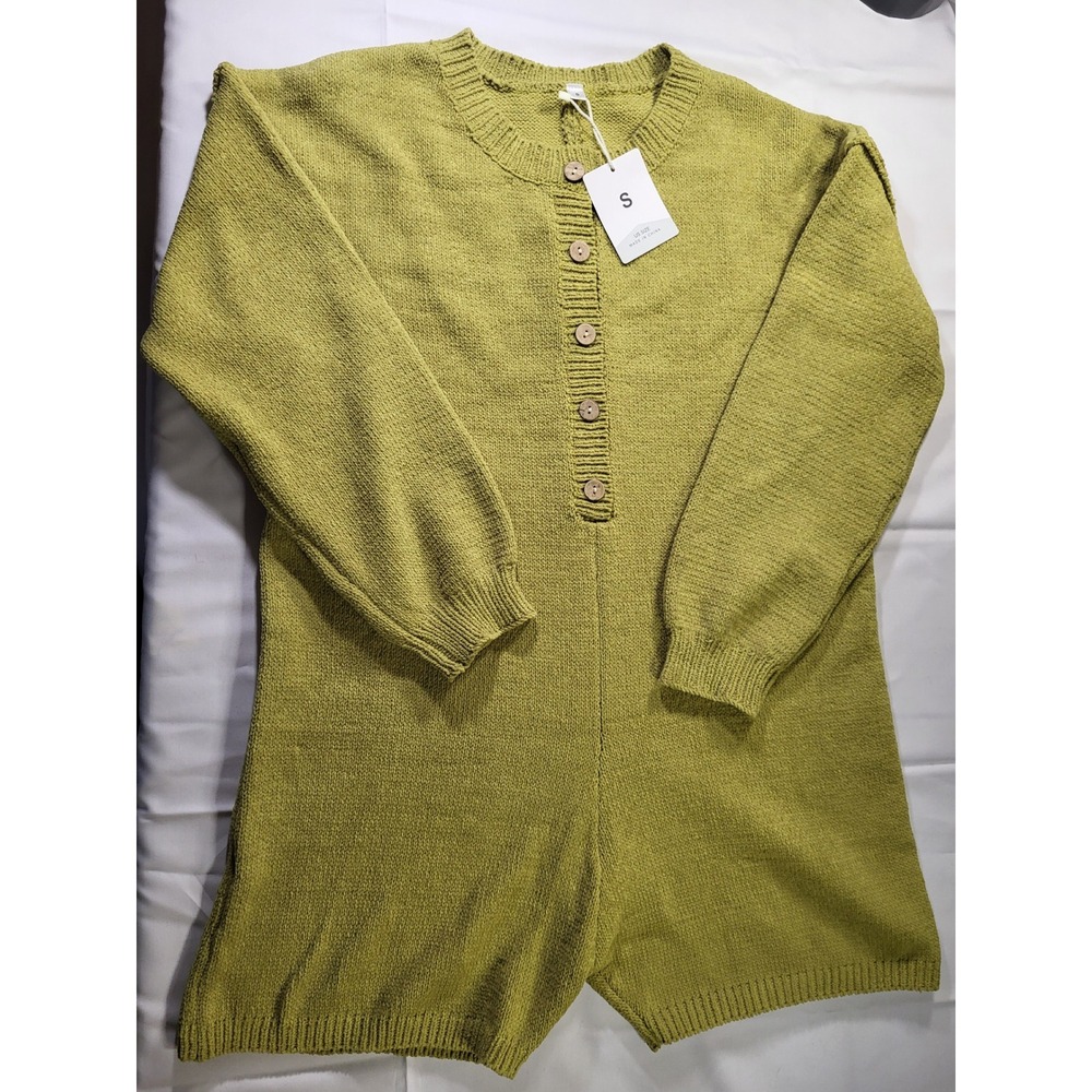 New Women's Long Sleeve Knit Romper Olive Green Henley Button Up Size S Cozy